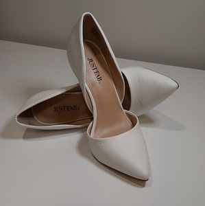 JustFab Monika White Snakeskin Textured Heels